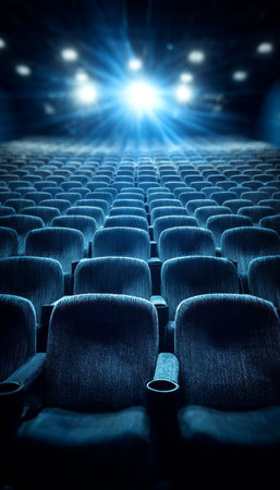 Cinema s Silent Evening An Empty Theater with Rows of Blue Velvet Seats Awaiting an Audienceの素材