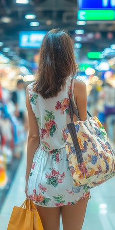 Stylish Young Woman Shopping in a Busy Mall. Blurred Background with Copy Space for Text Placement.の素材