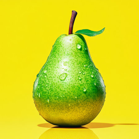 Vibrant Green Pear, Smooth Skin, Freshness, Isolated on Yellow, Healthy Eating, Minimalismの素材