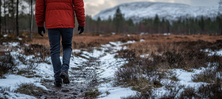 Man Hiking on a Snowy Trail in the Mountains, with Scenic Vistas of Wilderness and Forests.の素材