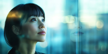 Contemplative Young Businesswoman Gazing Through Office Window With Cityscape, Copy Space Backgroundの素材