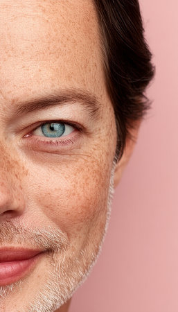 Senior Male Portrait, Radiating Confidence with Natural Skin, a Warm Smile Pink Backgroundの素材