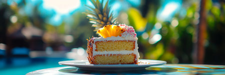 Slice of Coconut Pineapple Cake with Cream Cheese Frosting in Exotic Tropical Settingの素材