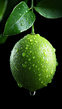 Fresh, Ripe Green Lime Hanging from Branch with Water Droplets, Isolated on Black Backgroundの素材