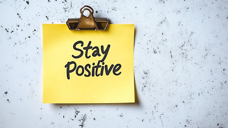 Stay Positive Note. Yellow Sticky Note With Motivational Quote On White Grunge Background, Close Upの素材