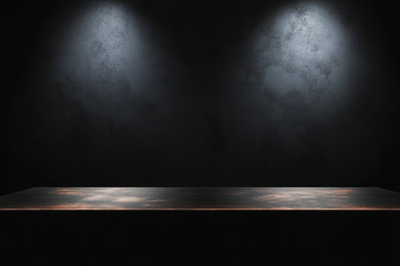 Abstract Concrete Walls with Spotlight and Table from Low Angle for Dark Stage Scene Designの素材