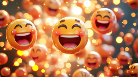 Colorful 3D Emoji Background with Floating Cheerful Faces and Glowing Bokeh Lights for Positivityの素材