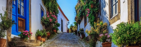 Charming Portuguese Narrow Street with Colorful Flowering Plants and Stone Pavement in Obidosの素材