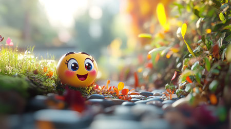 Vibrant 3D Emoji Character Expressing Love and Joy Against a Beautiful Natural Bokeh Backgroundの素材