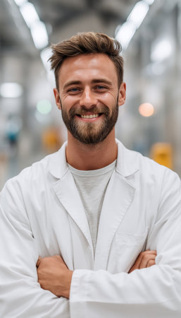 Confident Male Doctor Smiling with Arms Crossed, Healthcare Professional in Modern Medical Settingの素材
