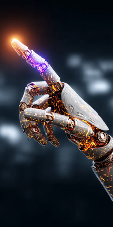 Futuristic Mechanical Arm Pointing Finger with Holographic Visuals and Neon Lighting Technologyの素材