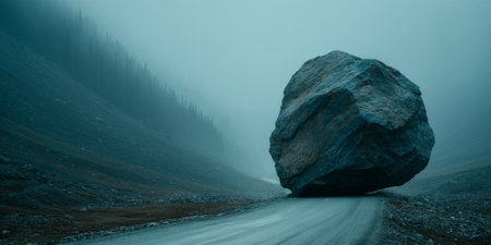 Imposing Boulder Blocks Winding Mountain Road in Ethereal Fog Nature s Power and Solitude.の素材