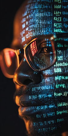 Close Up Of Man In Glasses With Projected Programming Code For Digital Software Development Conceptsの素材