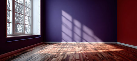 Elegant and Stylish Empty Purple Room with Sunlight, Wooden Floor, and Minimalistic Decor Elementsの素材