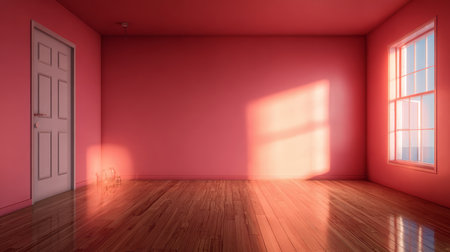 Serene Minimalist Pink Room with Beautiful Window Reflection and Elegant Flooring Design Indoorsの素材