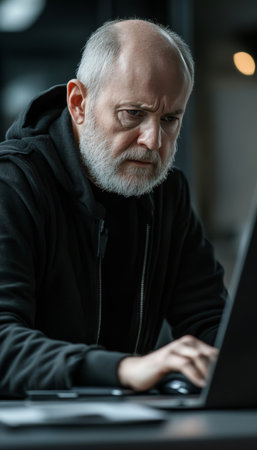 Concentrated Senior Man Working Diligently on Laptop, Providing Tech Support at Nightの素材