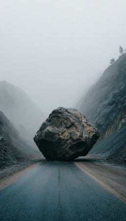 Giant Boulder Blocks Misty Mountain Pass, Symbolizing Isolation and the Immense Power of Natureの素材