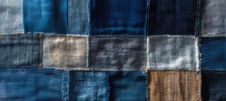 Intricately Patchwork Denim Fabric Textures. Sustainability And Sustainable Fashion Concept.の素材