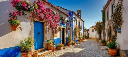 Charming Narrow Cobblestone Street with Colorful Buildings in Historic Obidos, Portugalの素材