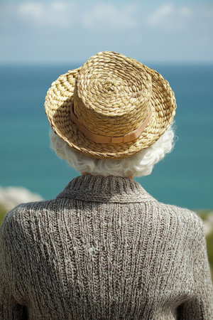 Solitude Reverie Senior Woman Contemplates the Peaceful Sea Horizon, Hat and Sweater in Handの素材