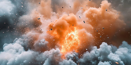 Intense Explosion with Fiery Smoke, Sparks, and Debris, Capturing the Power and Destructionの素材