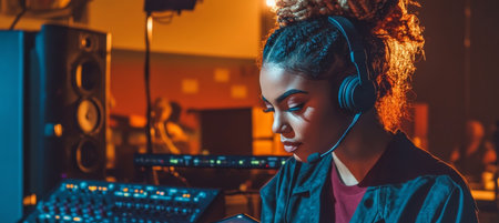 Backstage Focus Woman Controls Sound and Lighting with Headphones and Tablet in Handの素材
