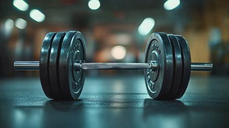 Heavy Barbell Lies on Gym Floor With Blurred Background. Promoting Strength Training And Fitnessの素材