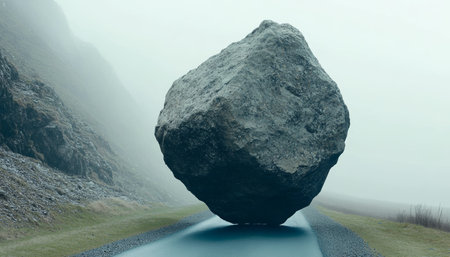 Colossal Boulder Blocking Misty Mountain Road, Symbolizing Natural Power and Isolationの素材