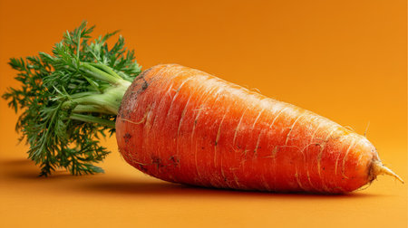 Vibrant Orange Carrot on Yellow Background Close-Up of a Freshly Harvested Root Vegetableの素材