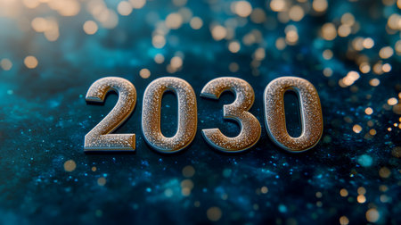 Sparkling 2030 New Year Numbers Against a Festive, Glittery Teal Background with Bokehの素材