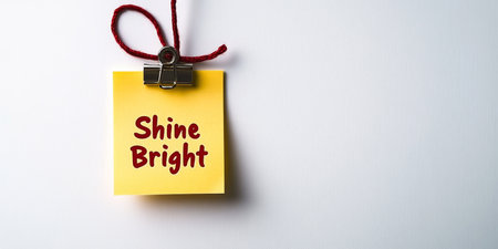 Yellow Sticky Note With the Words Shine Bright. on a White Background in Horizontal Image Format..の素材
