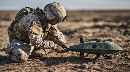 Soldier Prepares Tactical Drone for Mission Deployment in Challenging Terrain Operation Zoneの素材