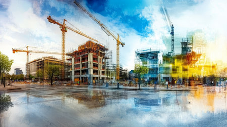 Vibrant Construction Site Panorama Featuring Cranes, Workers, and Modern Architectural Developmentsの素材