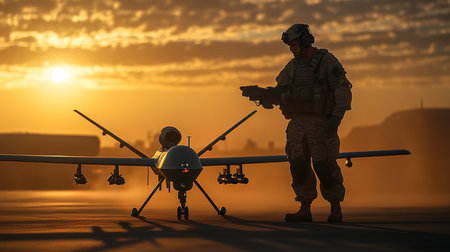 Soldier Prepares for Mission as Ground Support Specialist Inspects and Sets Up Recon Droneの素材