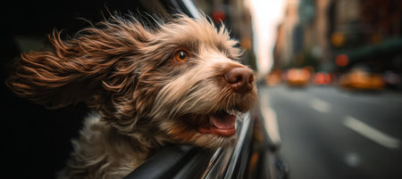 Happy Dog Enjoying a Joyful Car Ride with Windows Down, Fur Blowing in the Wind, Adventure Awaitsの素材