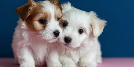 Two Fluffy Puppies Snuggling Together on a Soft Blue Background, Displaying Affection and Loveの素材