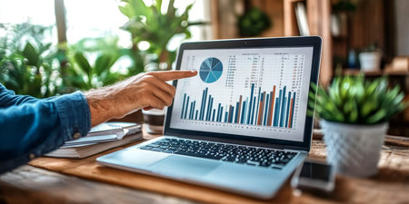 Business Person Analyzes Detailed Data Charts And Analytical Graphs On A Laptop Screen.の素材