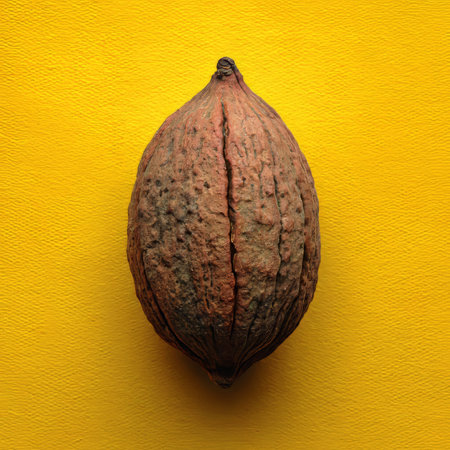 Close-up of a Vibrant Pecan with Rich Brown Tones, Featuring its Textured Shell, Isolated on Yellowの素材
