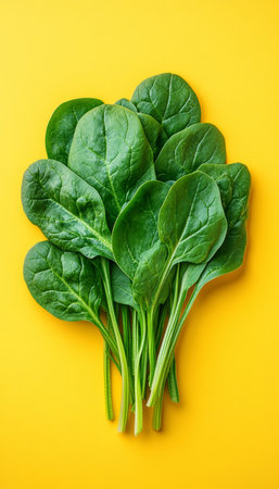 Fresh Green Spinach Leaves Isolated, Vibrant Green Against Yellow, Nutrition, Vegan Food Photographyの素材
