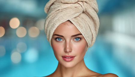 Relaxed Beauty Young Woman with Towel on Head in Spa, Wellness Center Background with Copy Spaceの素材