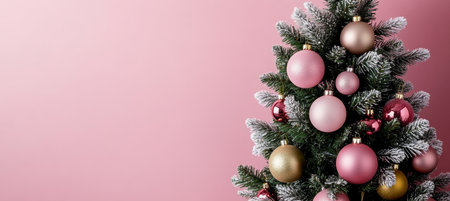 Frosted Christmas Tree Decorated with Pink and Gold Bauble Ornaments on a Pink Backgroundの素材
