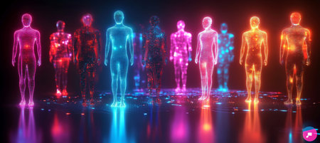 Glowing digital human figures Innovation in healthcare, personalized medicine, and gene editing.の素材