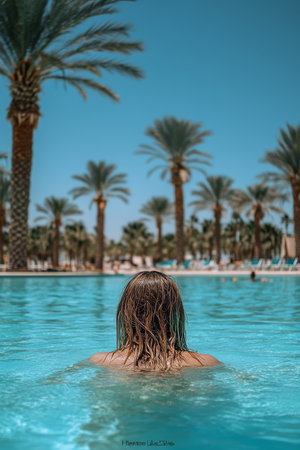 Woman Swimming, Relaxing in a Resort Pool with Palm Trees, Sun Loungers, Summer Vacationの素材