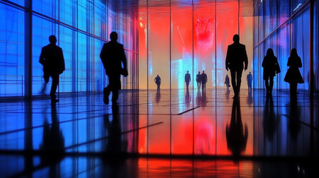 Cyberpunk Urban Scene, Futuristic Corridor With Neon Lights, Reflections, And Silhouettesの素材