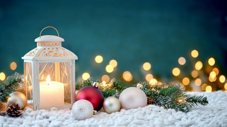 White Christmas Lantern, Red And Gold Ornaments, And Fir Branches On Snowy Surface With Bokeh Lightsの素材