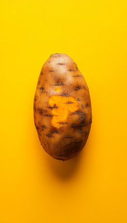 Roasted Sweet Potato on Vibrant Yellow, Earthy Orange Tones, Rough Skin, Isolated Food Photographyの素材