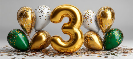 Golden Number 3 Balloon Celebrating Third Birthday With Festive Balloons and Confettiの素材