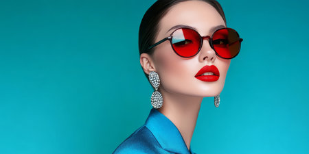 Fashion Model Posing in Sunglasses aganist Blue, With Copy Space For Your Ad Content.の素材