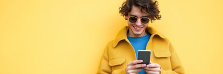 Stylish Young Man Browsing on His Smartphone, Yellow Background, Urban Fashion, Social Mediaの素材