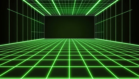 Abstract Digital Perspective Glowing Green Grid on a Black Background in Cyberpunk Styleの素材